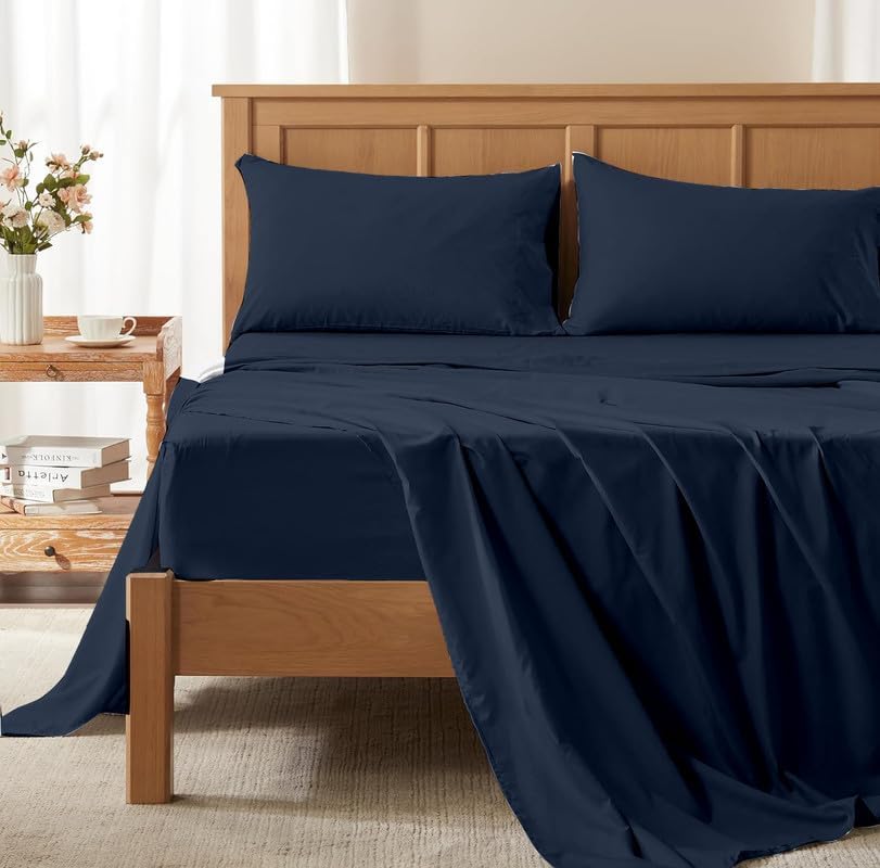 RV Bunk 48 x 80 Size Sheets- 4 Piece Navy Blue Solid Sheet Set- 100% Egyptian Cotton, 600 Thread Count- 4-8 Inch Deep Pocket - Easy-Fit, Extra Soft & Wrinkle Free (Navy Blue Solid-RV Bunk 48 x 80)
