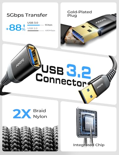 Image of AINOPE 2 Pack USB Extensions Cable High Speed USB 3.0 Extension Cord Type A Male to Female Sturdy Braided Material Fast Data Transfer Compatible with USB Keyboard,Mouse,Flash Drive,Black,10FT+10FT