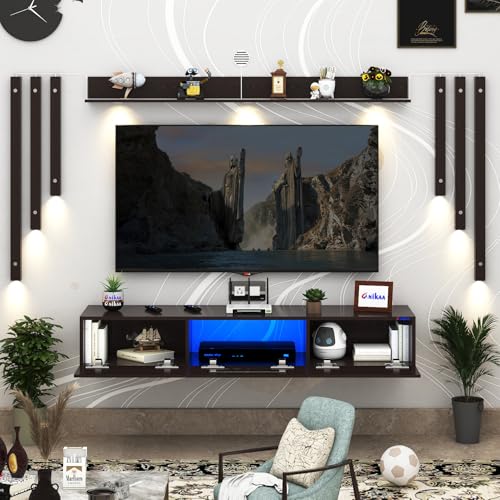 Image of Anikaa LucenNote Engineered Wood Wall Mount TV Unit with Acrylic Blue LED Storage Box, Wooden Accent Spotlight Panels for Living Room, Fits Up to 50 Inch TV, Wenge DIY Installation