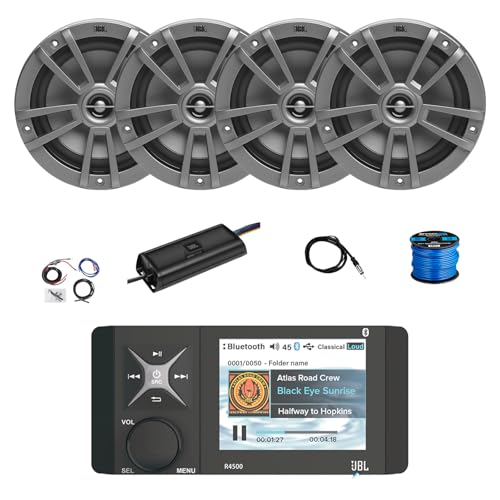 Marine Bluetooth AM/FM/WeatherBand Radio Receiver, 4X 6.5 180 Watt 2-Way Multi-Element Audio Speakers (Gray), Wire, Antenna, 4-Channel 450W Amplifier w/Kit