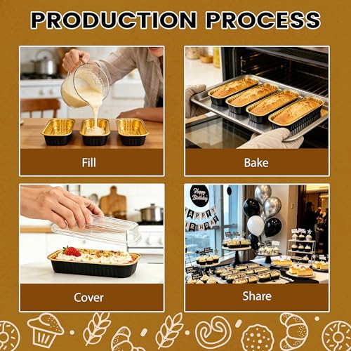 Image of NPLUX Loaf Pans with Lids, 100 Pack Black Gold 6.8oz for Bakery Gifts | Use for tasting samples, dessert bars, fruit cups and brownies; clear top helps buyers see the finished look.