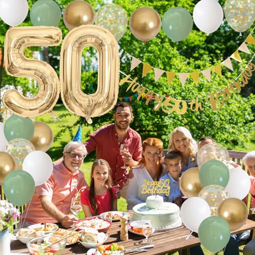 Image of 50th Birthday Decorations for Men Women, Sage Green White Gold Balloons with 50th Banner Number 50 Balloon for 50 Year Old Birthday Party Decor