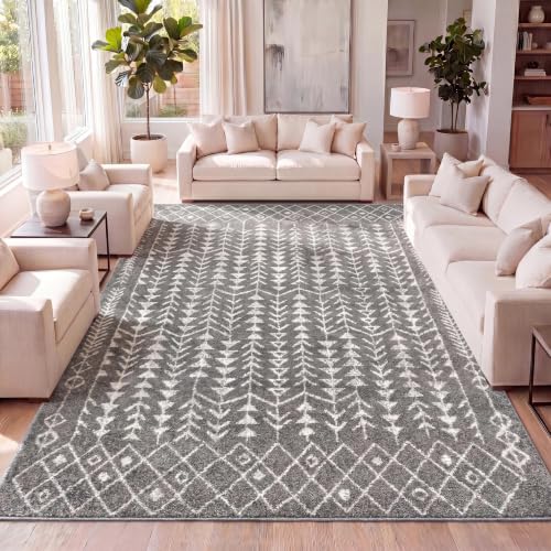 JONATHAN Y Ziri Moroccan Geometric Gray/Cream Indoor Area Rug, 8x10, Bohemian, Scandinavian, Easy-Cleaning for Living Room, Bedroom, Kitchen, Pet Friendly, Non-Shedding (MOH210B-8)