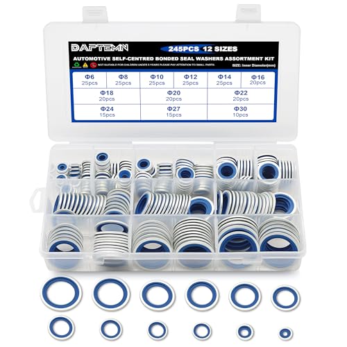 Daptemn 245PCS Metric Bonded Seal Dowty Washer, NBR Zinc-Plated Automotive Self-Centred Seal Rubber Washers, Gasket Seal Crush O-Ring Assortment Kit Set, Includes Sizes of M6-M30