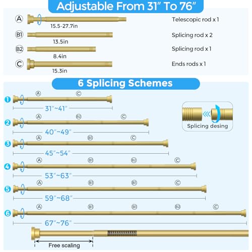 Image of Shower Curtain Rod 31-76 inch Gold Spring Tension Curtain Rod No Drill