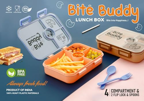 Image of Xmart India Bite Buddy Lunch Box with 4 Compartments Airtight Tiffin Box for School, College & Office Includes 1 Spoons & 1 Fork Lunch Box for Office use, Tiffin Box for School(800ML, Multicolor)