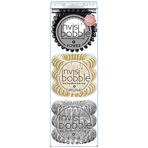 invisibobble Traceless Spiral Hair Ties - 9 Pack - 3 Crystal Clear, 3 Gold, 3 Black - Original and Power - Strong Elastic Grip Coil Hair Accessories - Gentle for Girls Teens Toddlers and Thick Hair