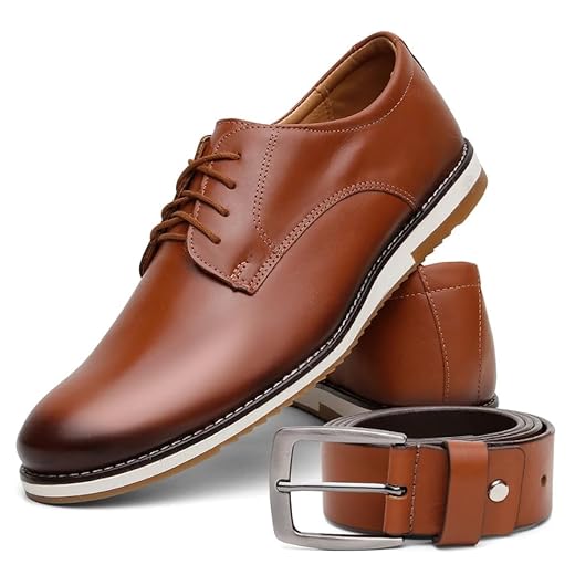 Conjunto Sapato Masculino Oxford Em Couro Legítimo Com Cinto Largo Ajustável Confortável Para Uso Social (Caramelo, BR, Adulto, Numérico, 41)