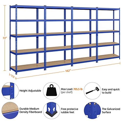 Topeakmart-4PCS-5-Tier-Utility-Shelves-Metal-Storage-Shelves-Garage-Shelving-Unit-Adjustable-Garage-Storage-Shelves-Storage-Racks-Heavy-Duty-Shed-Shelving-Blue-355-x-175-x-72-Inch