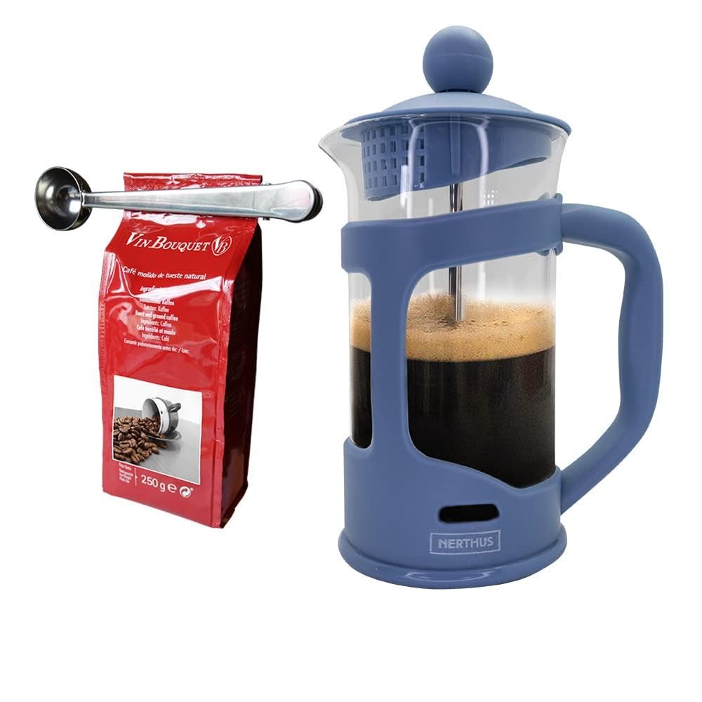 Nerthus Cristal Set Fih 1144 Cafetera Francesa De Émbolo 350Ml. Azul + Pinza Y Cuchara