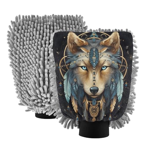ALAZA Wolf Boho Dreamcatcher Bohemian Car Wash Mitt Scratch Free, 2 Pack Absorbent Microfiber/Chenille Washing & Drying Mitts, M