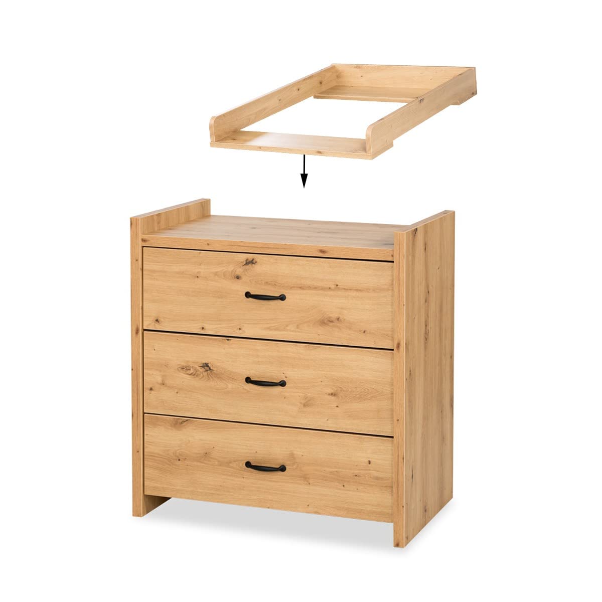 AMELIA - Cómoda de bebé con cambiador extraíble y 3 cajones, roble