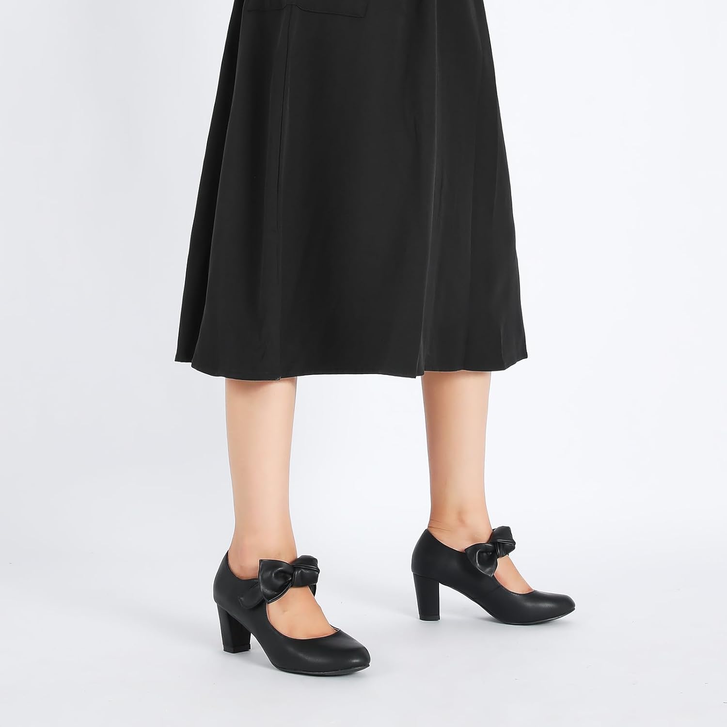 LIURUIJIA Women's Bow Mary Janes Block Heel Pumps Round Toe Ankle Strap Wedding Evening Party Dress Shoes - Image 5