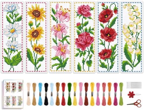 ACRNIGHEET 6PCS Cross Stitch Bookmark Kit for Beginner Flower Pattern Stamped Cross Stitch Kits for Adults Crossstitch Kits Adult Bookmarks with Instructions Hand Embroidery Craft Gift 8