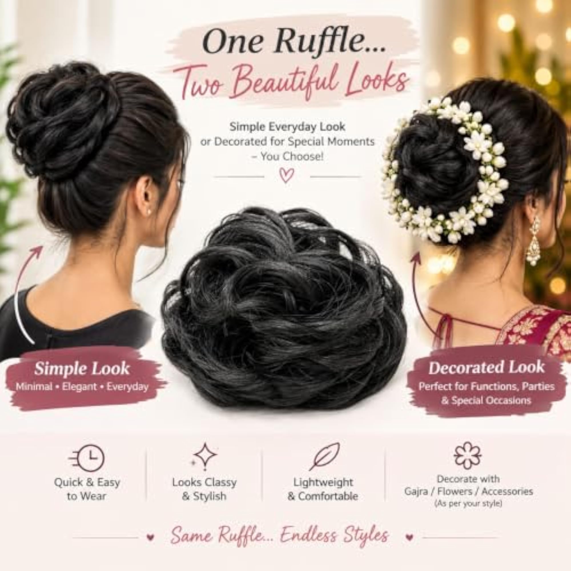 Messy Hair Bun Scrunchie Piece for Girls, Curly Wavy Updo, Jet Black