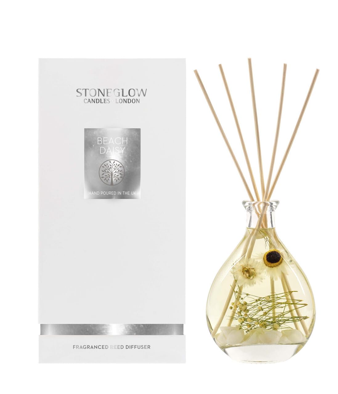 Stoneglow Nature's Gift Beach Daisy Scented Reed Diffuser 180ml, Lasts 14 Weeks, 12 Rattan Reed Diffuser Sticks, Refillable & Reusable, Premium Air Freshener, Citrus, Summer Florals & Coastal Notes