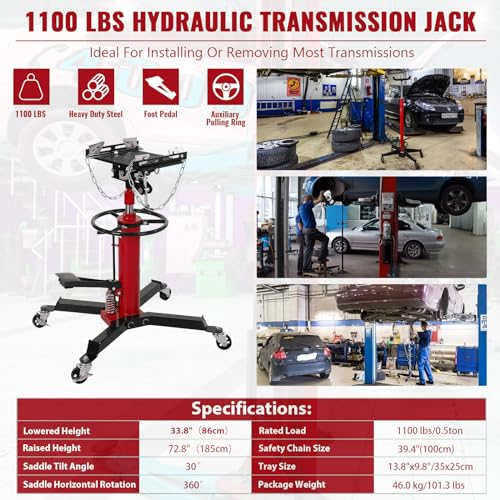 Image of 1100lbs Transmission Jack Lift with Anti-Slip Rubber Pad, Adjustable Telescoping Hydraulic Transmission Jack, High Lift Single Telescopic Jacks Hoist w /Pedal, 33.8 inch to 72.8 inch Lifting Range