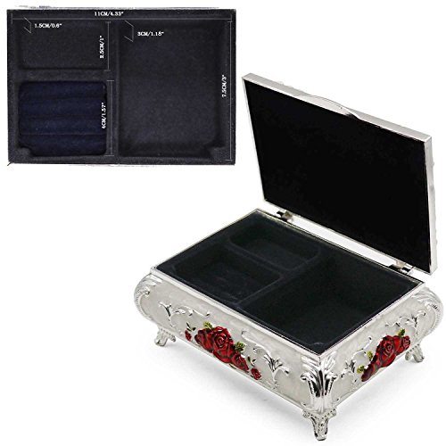 Aveson Luxury Vintage Rectangular Metal Alloy Jewelry Box Organizer Storage Box Ring Trinket Case For Women Girls, Christmas Birthday Gift, Medium, Silver & Red #TOP5