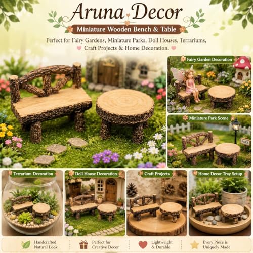 Image of Miniature Wooden Bench & Table Set of 2 | Rustic Dollhouse Furniture & Mini Garden Decor | Handmade Mini Set for Fairy Garden, Terrarium, Craft Displays & Gift Ideas