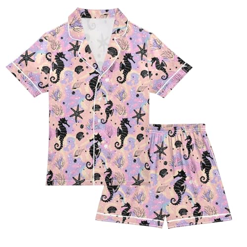 Black Seahorse Print Summer Satin Pajama Set, Cute Button-Down Sleepwear Pj Set for Sleep Wears