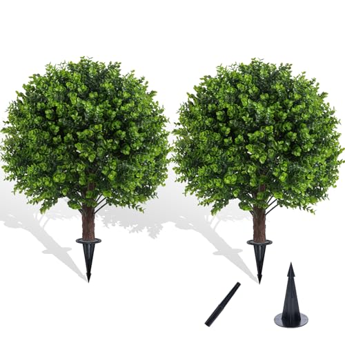 Chillchard Artificial Boxwood Topiary Outdoor Plants with Spike, 2 Pack Faux Bushes UV Resistant Fake Shrubs for Front Porch Décor