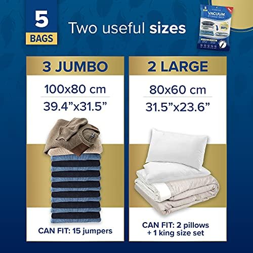 Vacuum Storage Bags for Clothes - Vacuum Bags for Duvets, 5 pack (3 Jumbo, 2 Large) with Travel Pump, Premium Vacuum Bags for Clothes, Save 80% Space, 35% Thicker Plastic, by Viridescent