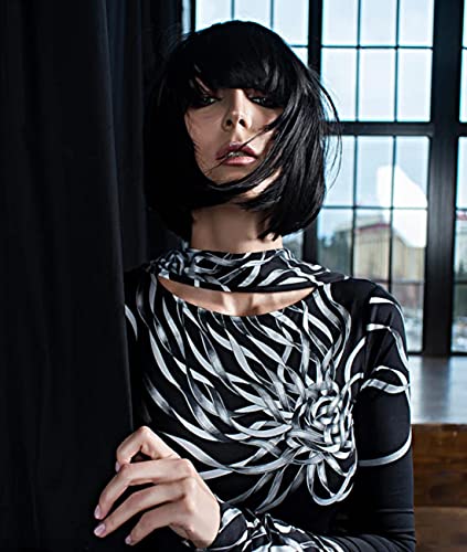 Image of LIULIUBTY Short Bob Hair Wigs Straight with Flat Bangs Synthetic Colorful Cosplay Daily Party Neon Wig for Women + Free Wig Cap 16 inch Natural As Real