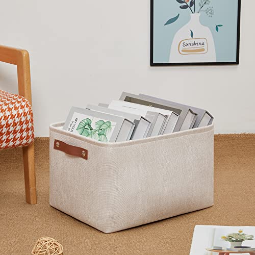 Image of DULLEMELO Fabric Storage Basket for Office Home Nursery, Small Fabric Organizing Basket with Handles (Beige)