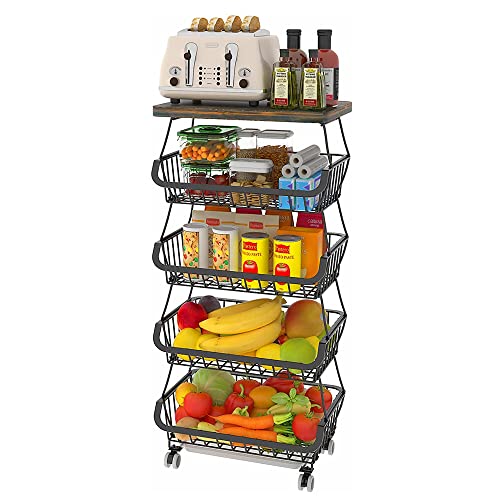 THINFAR Obstkorb, 4 Ebenen, Obst- und Gemüsekorb, Aufbewahrungsständer für Gemüse und Obst, Aufbewahrungsständer für Brot mit Gemüse, Aufbewahrungswagen mit 4 Rädern (40 x 30 x 94 cm, schwarz)