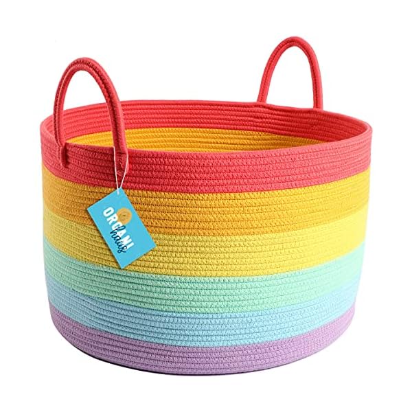 OrganiHaus Regenbogen-Baumwollseil-Aufbewahrungskorb mit Griffen 38x45 | Bunte Dekoration zur Aufbewahrung von…