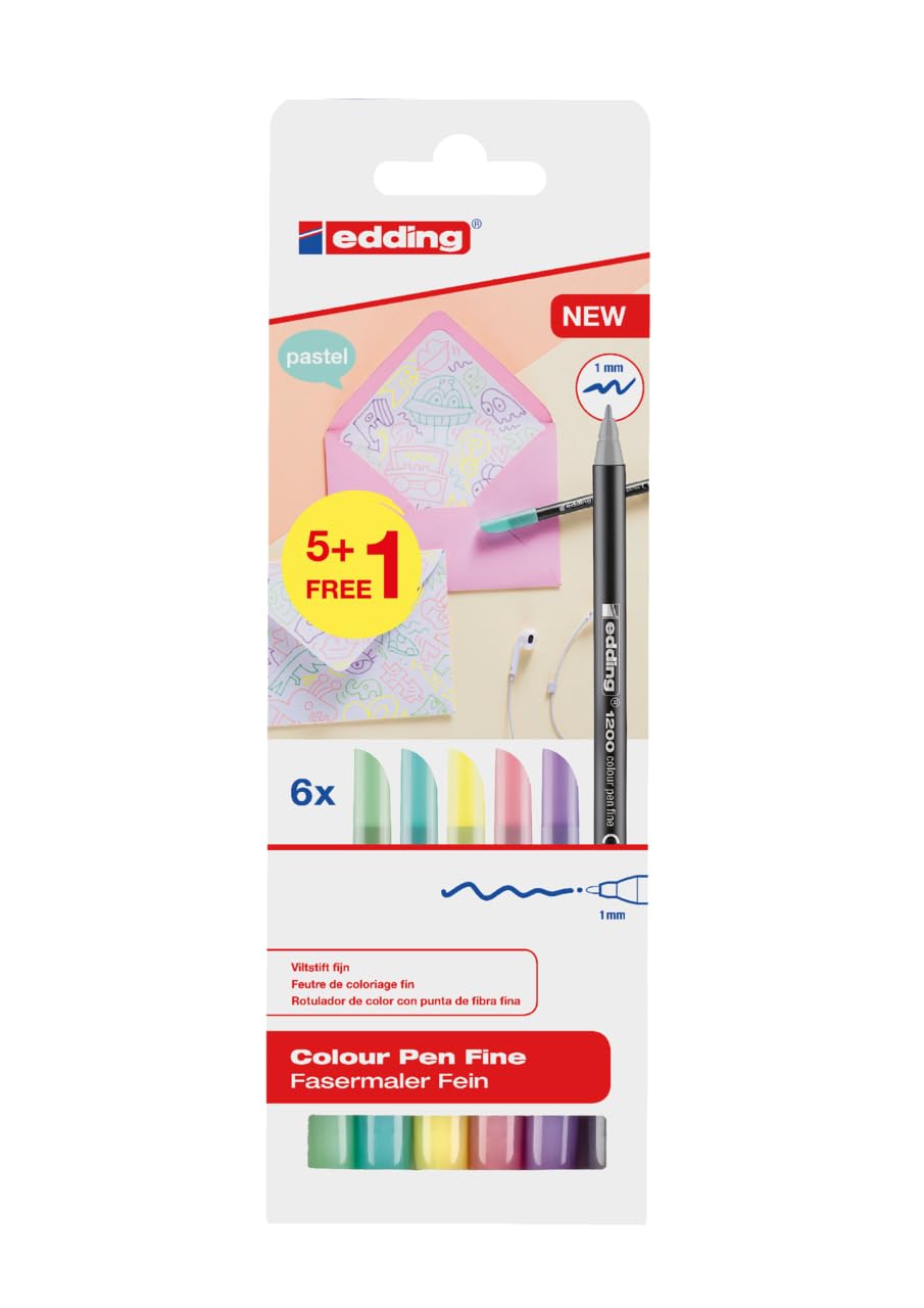 Edding 1200 6/S999- Pack of 5+1 Pastel Tone Markers - Round Tip 1mm