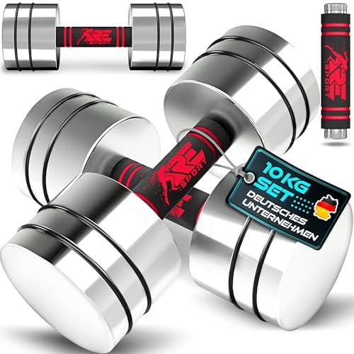 RE:SPORT® 2er Hanteln Set aus massivem Stahl 2,5/5/7,5/10 kg | Hantel Kurzhantel mit Gewichten & Schaumstoffgriff | Fitness Kurzhanteln Home Gym, Krafttraining & Muskelaufbau (Red, 2 x 10 kg)