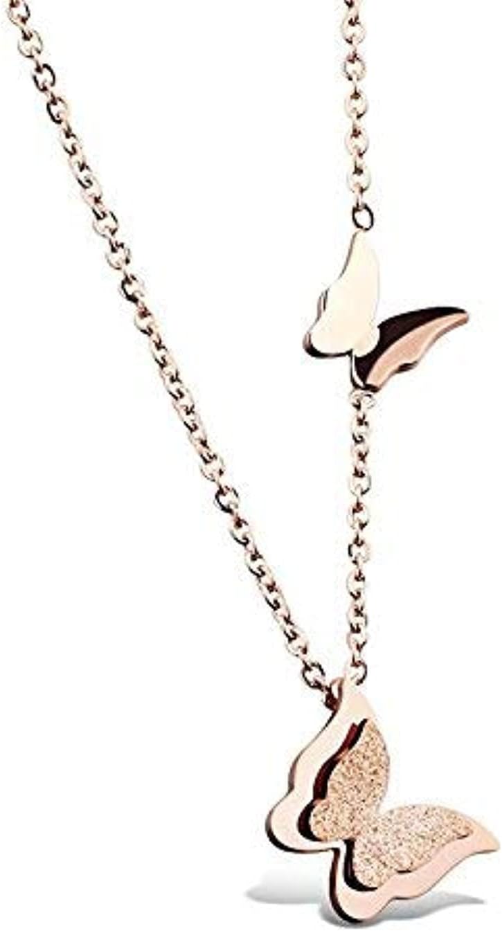 Stylish 18k Rose Gold Plated Double Crystal Butterfly Cubic Zirconia Chain Pendant for Girls (Golden, 10725np)