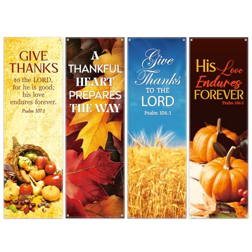 Hosuly 4 Pcs Church Banners for Sanctuary Wall Fall Harvest Banners with Scripture Bible Verses Banner Welcome Inspirational Religious Praise Hanging Signs for Church Decor, 2 x 6 Feet(Fall)