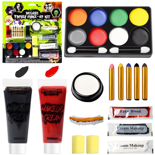 Kit maquilhagem Halloween, paleta de maquilhagem de 8 cores dentaduras postiças sangue falso rayon pintura de maquilhagem esponja para maquilhagem teatral, Halloween, carnaval, festa