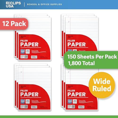 Wide Ruled Notebook Paper, Loose Leaf Paper, 10.5” x 8” Filler Paper, 56 gsm, 1800 Sheets,150 Sheets Per Pack (12 Pack) - Thumbnail 4