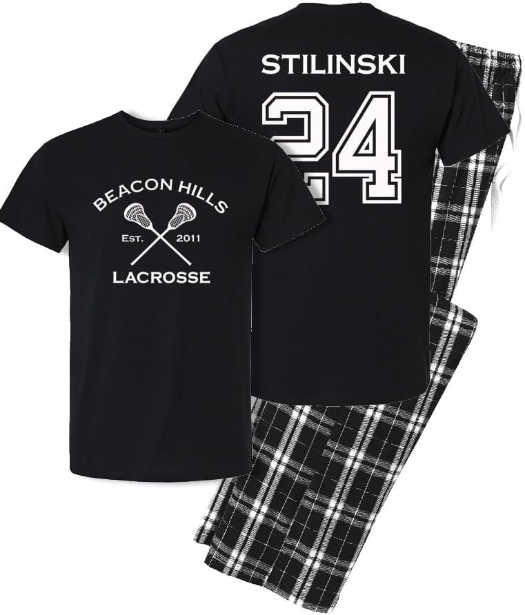 Studio 9Thirty3 Stilinski 24 Pajama Set – Beacon Hills Lacrosse Fan Inspired Tee & Plaid Lounge Pants, Men’s Sleepwear Gift