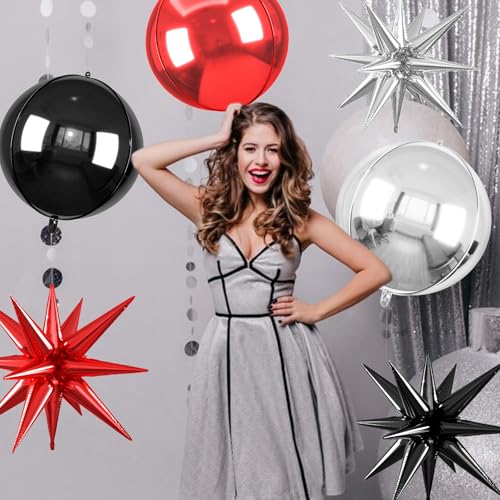 Image of 6pcs 22 inch Black Silver Red Star Balloons and 4D Large Foil Balloons, Black Silver Foil Star Balloon Red 4D Aluminum Balloon For Birthday Baby Shower Party Wedding Graduation Decorations