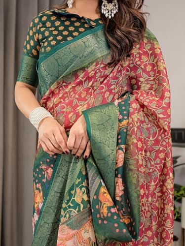 Image of ALMAARI FASHION Handloom Cotton Saree, Multicolour Floral Print with Silver Zari Border, 5.5 Metres with Blouse Piece