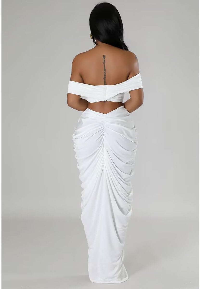 Womens Sexy Tube Tops and Ruched Pleated Skirts 2 Piece Sets Party Club Suits