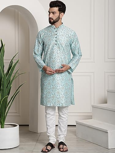 Image of SOJANYA (Since 1958 Men's Silk Blend Printed Kurta and Churidar Pyjama Set