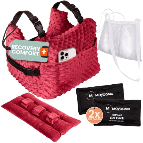MOYOAMA Post Mastectomy Pillow – Hands-Free Protection with Secure Strap & Easy-Clean Washable Cover Breast Surgery Must Haves,Breast Reduction Recovery Supplies,Breast Augmentation, Bloom Red