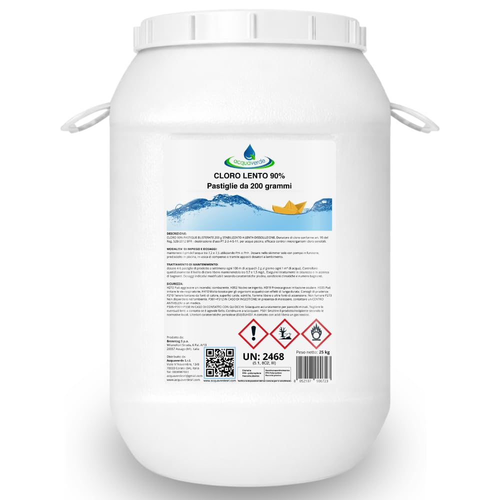 acquaverde | Cloro Lento 90%, 25 kg di Tricloro in Pastiglie da 200 grammi per Piscina, 90/200 a Lenta Dissoluzione, Trattamento per Mantenere Costante il Livello del Cloro nell' Acqua di Piscine