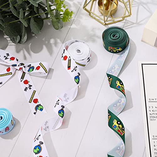 Image of Whaline 6 Rolls Back to School Grosgrain Ribbon 30 Yards School Teacher Themed Ribbon School Bus Pencil Apples ABC Pattern Fabric Decorative Craft Ribbon for Gift Wrapping Hair Sewing Wreath