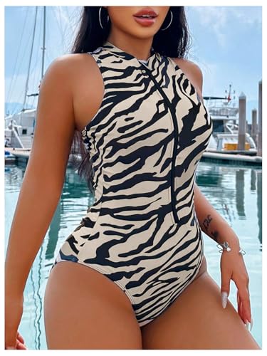 WDIRARA Women's One Piece Swimsuit Zebra Striped Bathing Suits Zip Front Sleeveless Swimwear4
