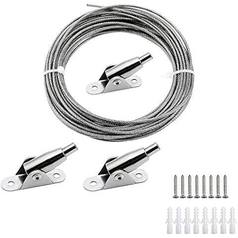 LATRAT 1 Set 10 Metre Stainless Steel Wire Rope PVC Coated Steel Cable Adjustable Curtain Rope Lamp Hanging Picture Wire with 4 Mounting Clamps for Light Picture Cover