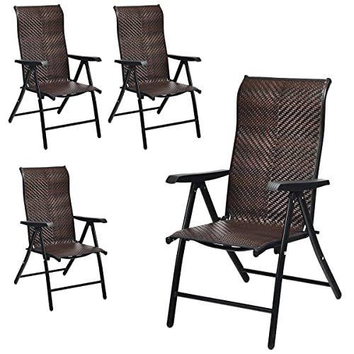 COSTWAY 4er Set Gartenstühle Polyrattan, Klappstühle mit 5-Fach Verstellbarer Rückenlehne, Hochlehner Balkonstühle, wetterfeste klappbare Terrassenstühle für Garten, Balkon, Terrasse