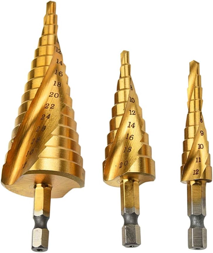 HSS Step Drill Bit Spiral Flute 3-Piece Set 4-12mm/4-20mm/4-32mm, HSS Titanium Coated Drilling Tool Multi-functional Hex Shank High Speed Steel with Storage Bag