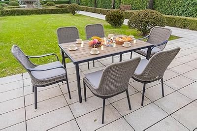 7-Piece Rattan Patio Dining Set for 6, Outdoor Furniture with Premium Faux Wood Tabletop, All-Weather Durable Wicker Table and Chairs Set, Elegance&Comfort, Ideal for Backyard and Garden Gatherings.