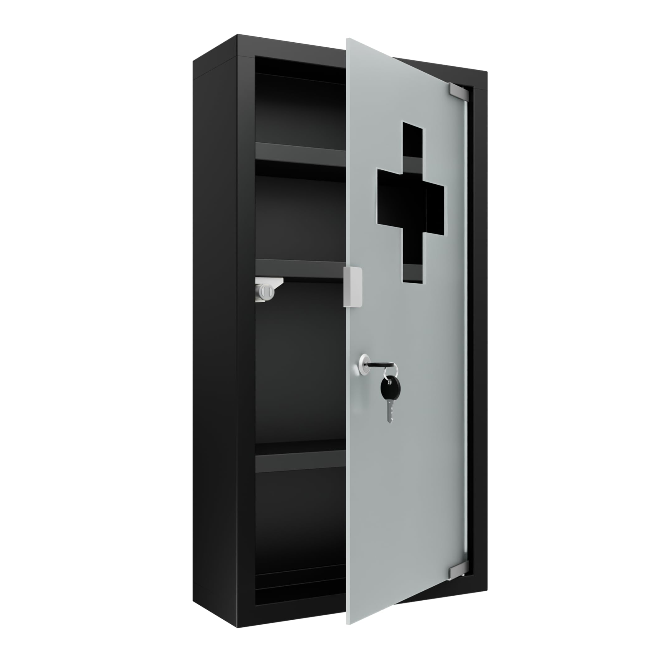 XMTECH Armoire à pharmacie verrouillable - Armoire à médicaments - Armoire de premiers secours en acier inoxydable - Porte en verre avec serrure - 4 compartiments - 57,5 x 30 x 12 cm - Noir
